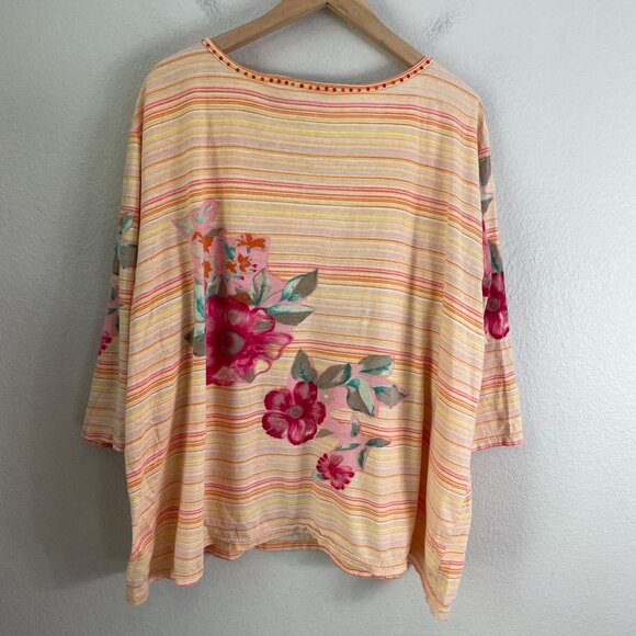 Liz & Me Womens Plus 2X Striped Floral Cotton V Neck Top 3/4 Sleeve Shirt - Picture 9 of 10